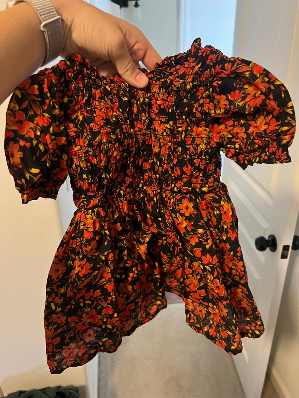 Baby Girls Black Floral Smocked Top - Orange Floral Print